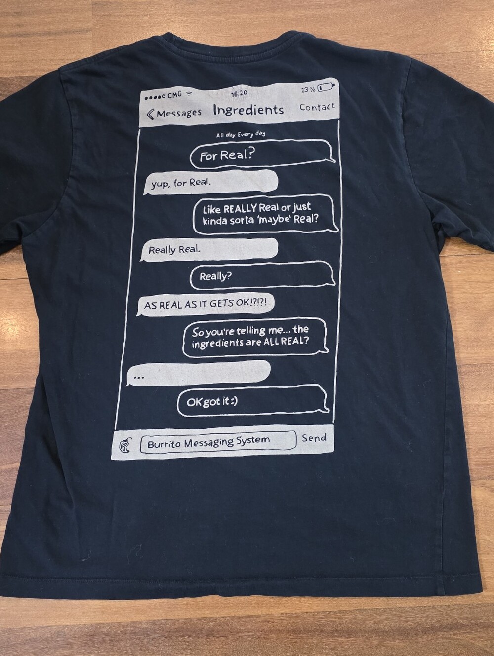 Loomstate for Chipotle black T-shirt Empoyee Burrito Messaging System Adult Med